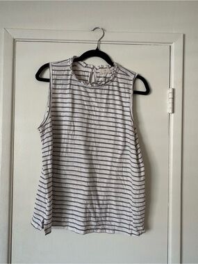 T.La  by Anthropologie White Sleeveless Stripe Tank with Ruffle Neck Size L
